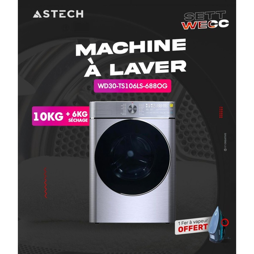 Machine à laver ASTECH 10 Kilos lavage 6 kilos séchage A+++ inverter