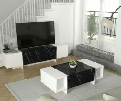 Meuble Tv VEYRON noir blanc avec Table Basse T805 B805 1,80M