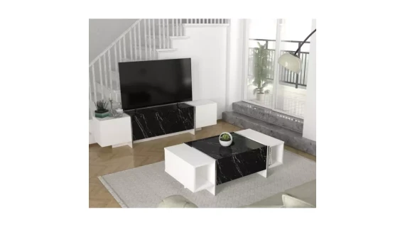Meuble Tv VEYRON noir blanc avec Table Basse T805 B805 1,80M