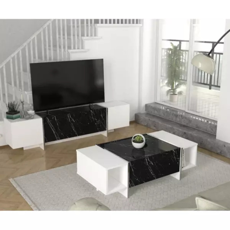 Meuble Tv VEYRON noir blanc avec Table Basse T805 B805 1,80M