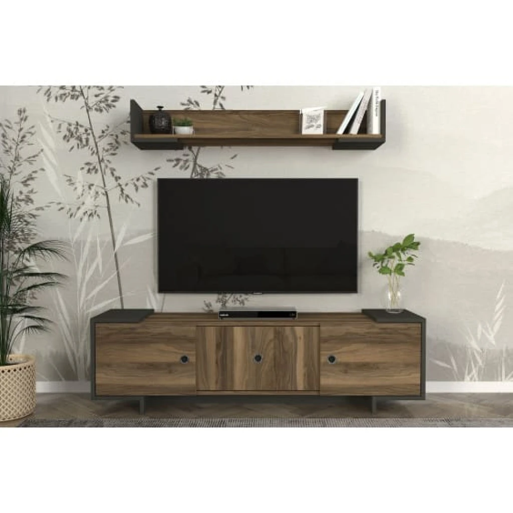 Meuble TV - Ensemble 2 portes - avec étagère murale - tela - anthracite T723