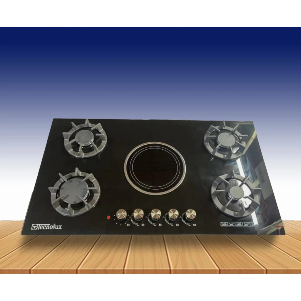 Plaque Technolux encastrable 5 feux 90x60 4F a gaz et 1F ELECTRIQUE noir