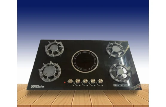 Plaque Technolux encastrable 5 feux 90x60 4F a gaz et 1F ELECTRIQUE noir