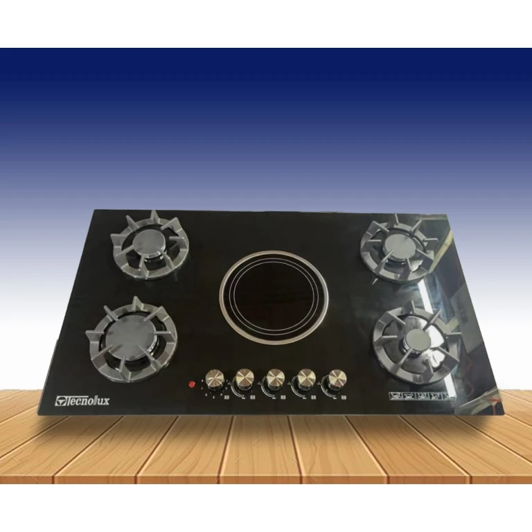 Plaque Technolux encastrable 5 feux 90x60 4F a gaz et 1F ELECTRIQUE noir