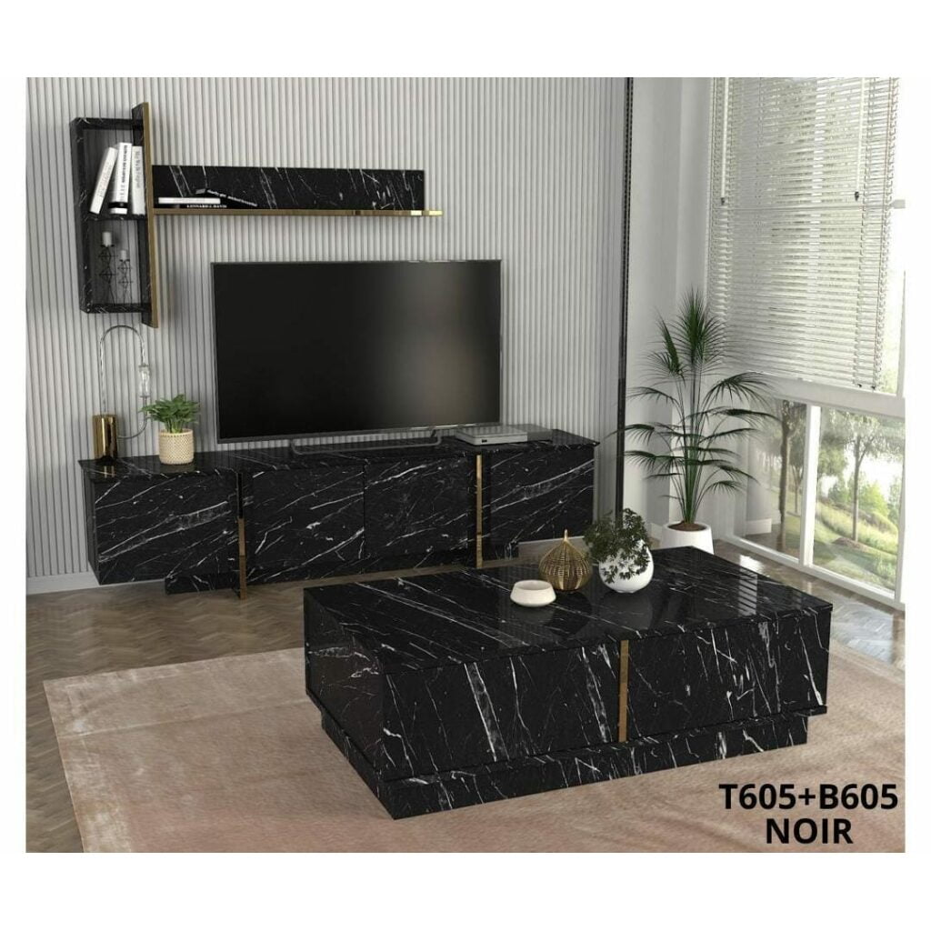 Meuble TV Nabou Unit Black Marble T605 + Table Basse B605