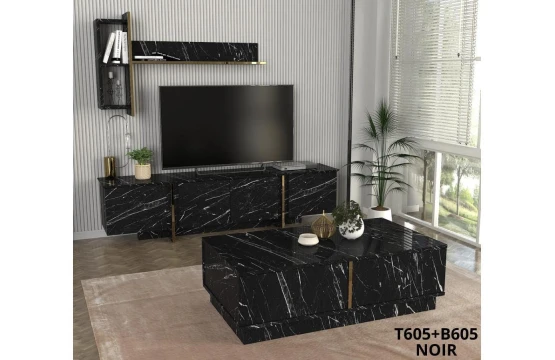 Meuble TV Nabou Unit Black Marble T605 + Table Basse B605