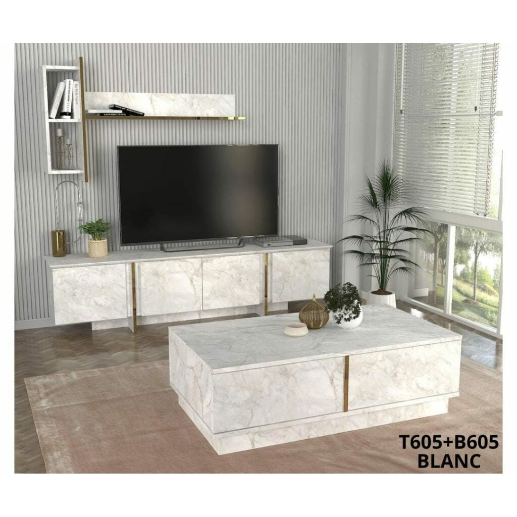 Meuble TV Nabou Unit Blanc Marbre T605 + Table Basse B605
