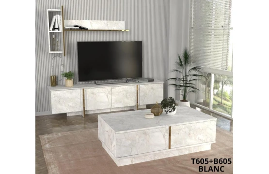 Meuble TV Nabou Unit Blanc Marbre T605 + Table Basse B605