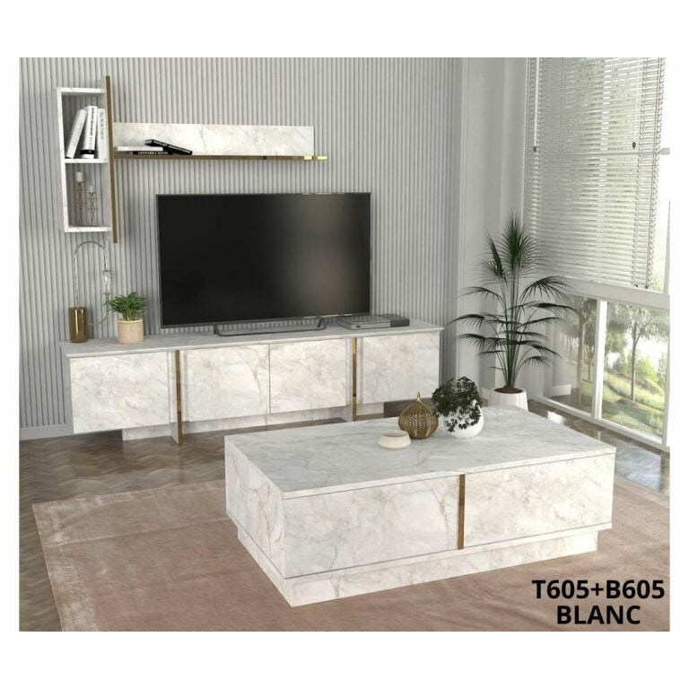 Meuble TV Nabou Unit Blanc Marbre T605 + Table Basse B605
