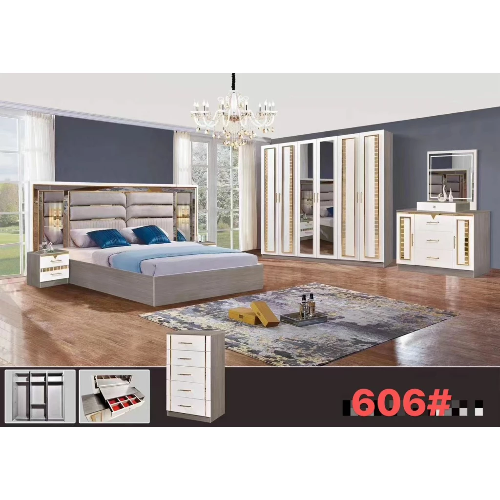 Ensemble de Chambre à Coucher de Luxe - Blanc nacré, Gris bois clair, Accents dorés- Modèle 606#