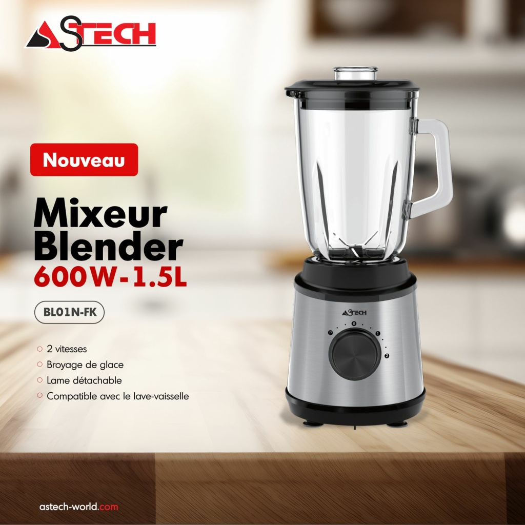 Mixeur Blender Astech 1.5L - 600W - Cruche en verre BL01N-FK