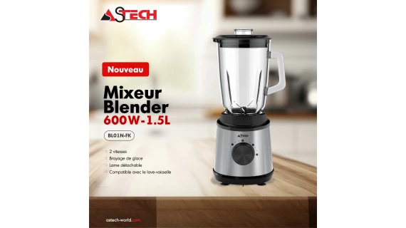 Mixeur Blender Astech 1.5L - 600W - Cruche en verre BL01N-FK