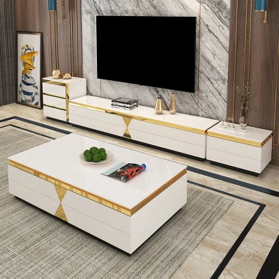 Ensemble Mobilier TV Moderne Blanc Laqué avec Finitions Dorées et Table Basse Assortie – Image 3