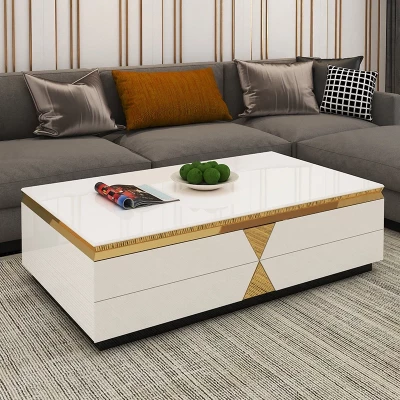 Ensemble Mobilier TV Moderne Blanc Laqué avec Finitions Dorées et Table Basse Assortie – Image 4