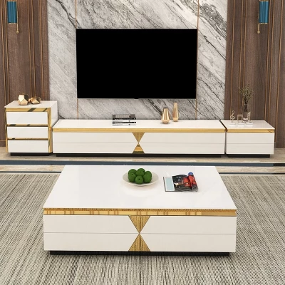 Ensemble Mobilier TV Moderne Blanc Laqué avec Finitions Dorées et Table Basse Assortie