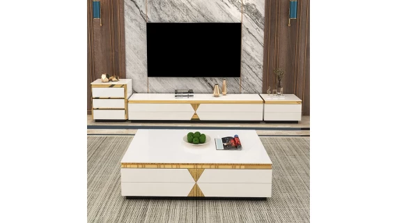 Ensemble Mobilier TV Moderne Blanc Laqué avec Finitions Dorées et Table Basse Assortie