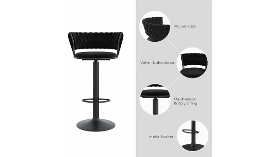 Tabouret De Bar Noir - Pivotant à 360° en velours – Image 3