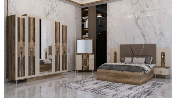 Chambre à Coucher Armoire  6 battants 4 pièces MONACO MARRON BEIGE