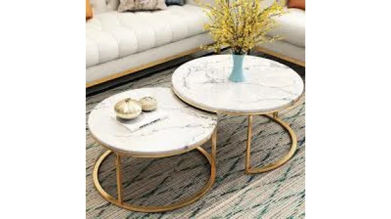 Table basse ronde - 2 pièces Cadre en métal doré et plateau en marbre