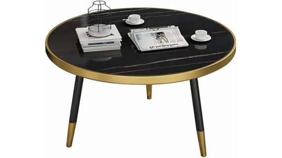 Ensemble Table basse ronde moderne en marbre avec cadre en métal noir -  Pour Salon, Chambre à Coucher ou Salle d'étude – Image 2