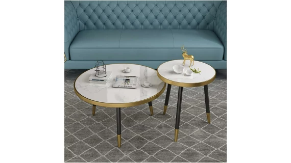 Ensemble Table basse ronde moderne en marbre avec cadre en métal Blanc -  Pour Salon, Chambre à Coucher ou Salle d'étude