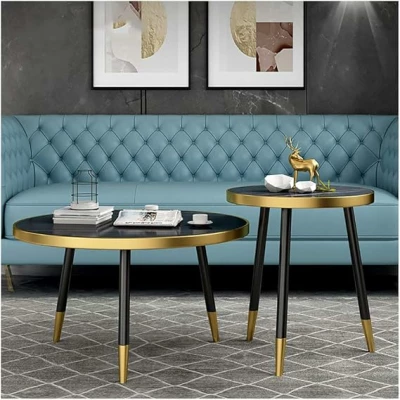 Ensemble Table basse ronde moderne en marbre avec cadre en métal noir -  Pour Salon, Chambre à Coucher ou Salle d'étude – Image 4