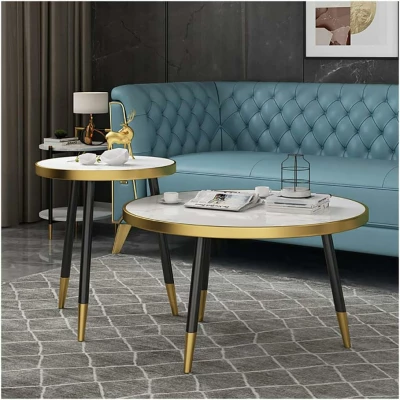 Ensemble Table basse ronde moderne en marbre avec cadre en métal Blanc -  Pour Salon, Chambre à Coucher ou Salle d'étude – Image 2