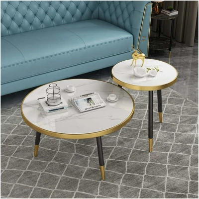 Ensemble Table basse ronde moderne en marbre avec cadre en métal Blanc -  Pour Salon, Chambre à Coucher ou Salle d'étude – Image 4