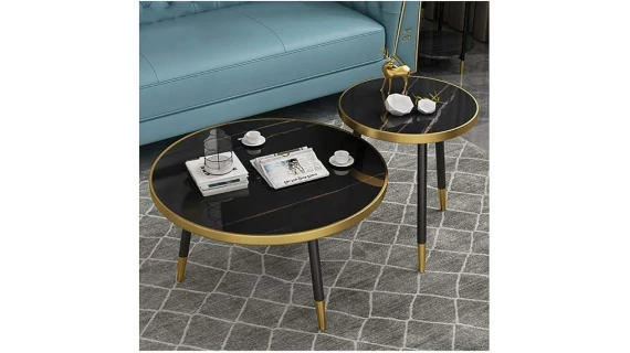 Ensemble Table basse ronde moderne en marbre avec cadre en métal noir -  Pour Salon, Chambre à Coucher ou Salle d'étude