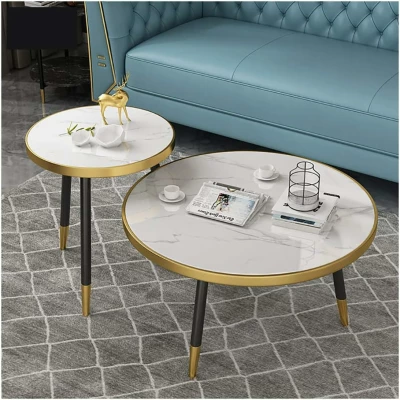 Ensemble Table basse ronde moderne en marbre avec cadre en métal Blanc -  Pour Salon, Chambre à Coucher ou Salle d'étude – Image 3
