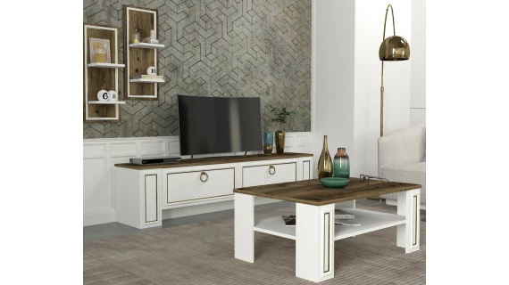 Ensemble Table Téléviseur et Table Basse SANSA UNIT - Marron et Blanc (1,80m)