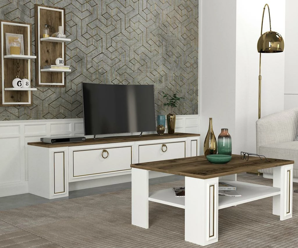 nnn Ensemble Table Téléviseur et Table Basse SANSA UNIT - Marron et Blanc (1,80m) – Image 1