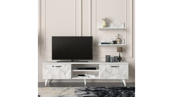 T807 Meuble TV Blanc Geacles Tv Unit White - White Marble - 1500/406/295