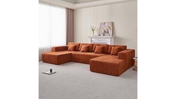 Canapé d'angle en U - Tissu chenille surdimensionné Canapé d'angle -  MARON GRIS BLEU 350*180*82 -6 places avec 4 coussins pour salon, chambre, bureau