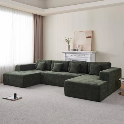 Canapé d'angle en U - Tissu chenille surdimensionné Canapé d'angle -  MARON GRIS BLEU 350*180*82 -6 places avec 4 coussins pour salon, chambre, bureau – Image 3