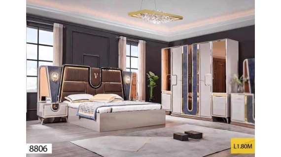 Chambre à Coucher 8806 – Lit 180x200 + Armoire 6 Portes – Marron et Beige Élégant