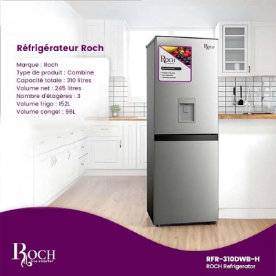 Frigo ROCH  Combiné RFR-310DWB-H – 310L – 4 Tiroirs avec Fontaine