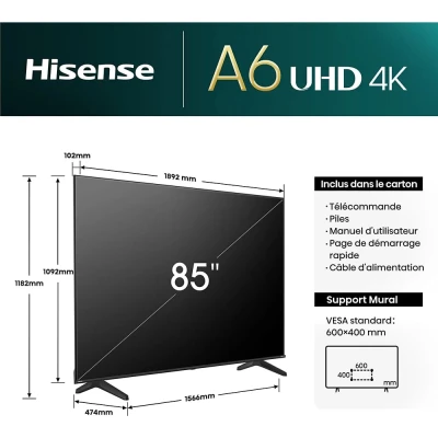Téléviseur HISENSE 85" LED SMART VIDAA UHD 4K – Modèle 85A6N – Image 5