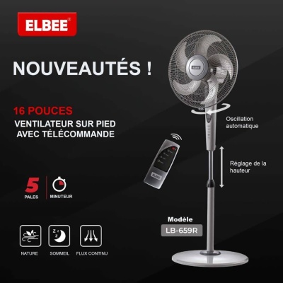 Ventilateur sur pied ELBEE 16″ avec télécommande – Nouveauté  LB659