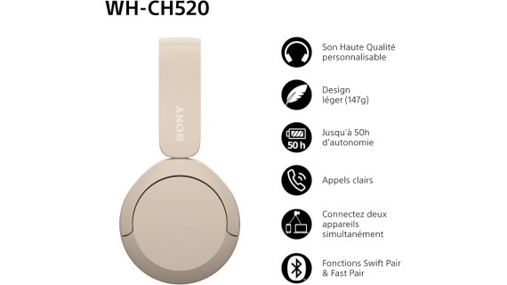 SONY WH-CH520 – Casque Bluetooth Sans Fil | Multipoint Micro Intégré – Image 2