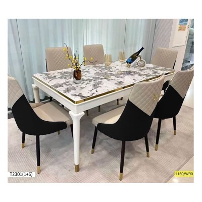 Table à Manger T2301(1+6) – 6 Places – Noir et Beige – Design Moderne et Élégant
