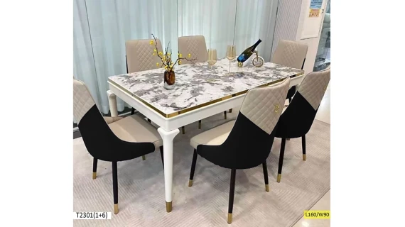 Table à Manger T2301(1+6) – 6 Places – Noir et Beige – Design Moderne et Élégant