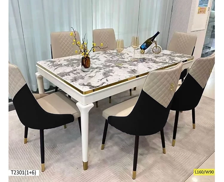 WhatsApp Image 2025-11-08 à 14.27.54_79244fa7 Table à Manger T2301(1+6) – 6 Places – Noir et Beige – Design Moderne et Élégant – Image 1