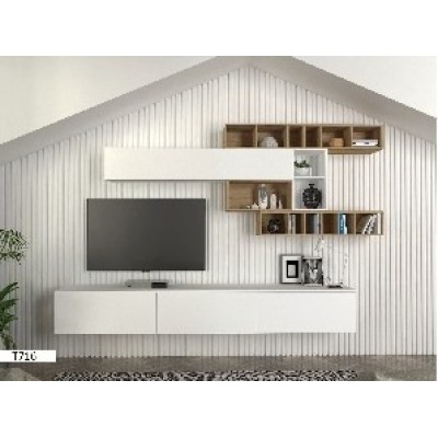 T716 – Table TV + Étagère Blanc/Marron Clair 2800 mm