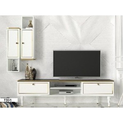 T804 – Table TV + Étagère Blanc/Marron Clair 1800 mm