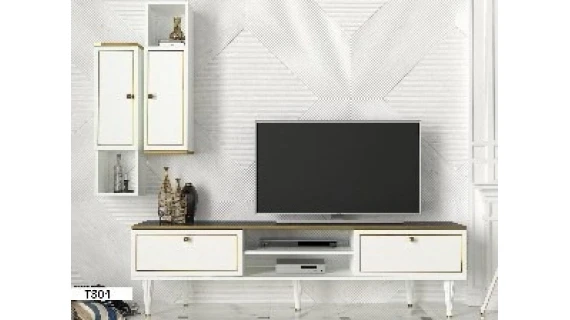 T804 – Table TV + Étagère Blanc/Marron Clair 1800 mm