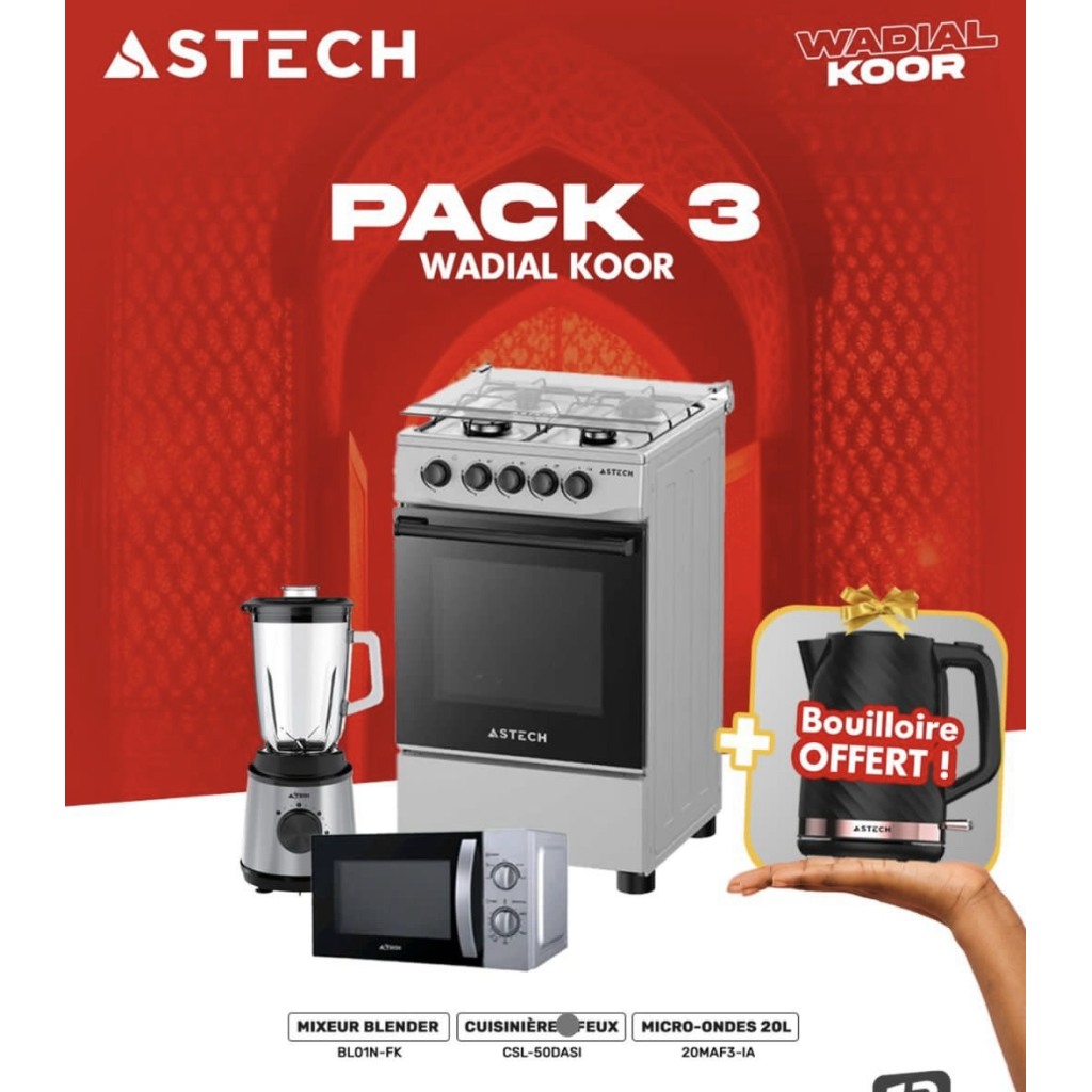 Pack 3 Wadial Koor composé d'une cuisinière 4 feux, d'un micro-ondes 20L et d'un mixeur blender