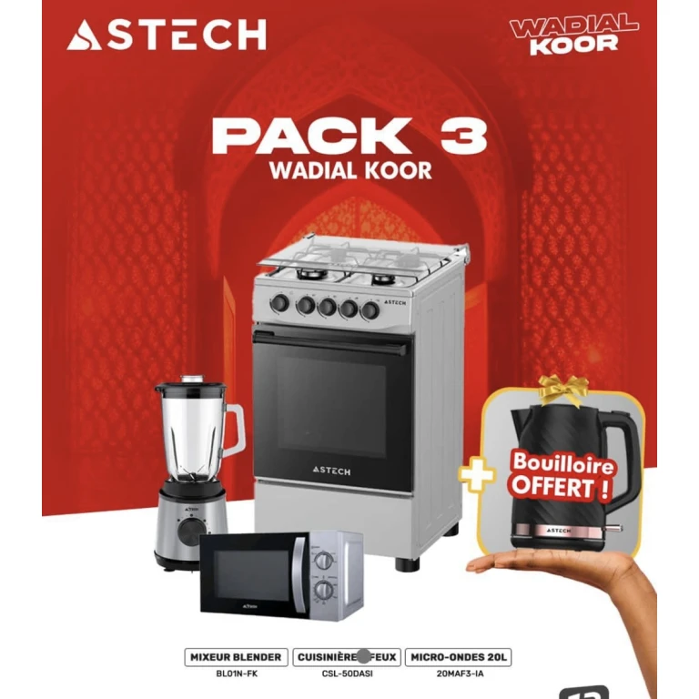 Pack 3 Wadial Koor composé d'une cuisinière 4 feux, d'un micro-ondes 20L et d'un mixeur blender