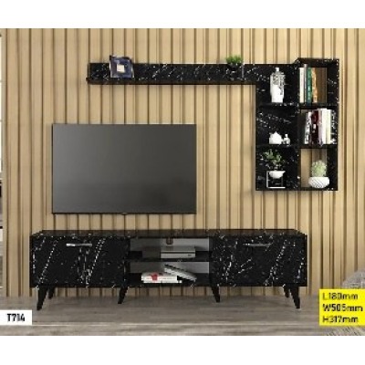 Table TV + Étagère Noir 180 cm T714 – Meuble TV Moderne avec Rangement Élégant et Design Contemporain