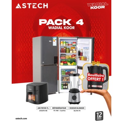 Photo du pack 5 Wadial Koor d'ASTECH, composé d'un réfrigérateur combiné, d'un air fryer, d'un mixeur blender et d'une bouilloire électrique